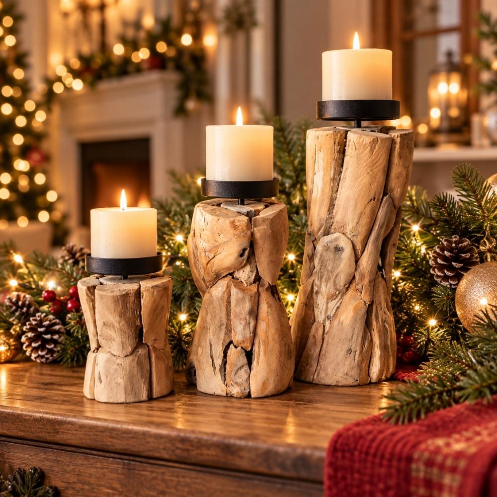 3er Set Teak Kerzenständer BATTY handgefertigte Unikate