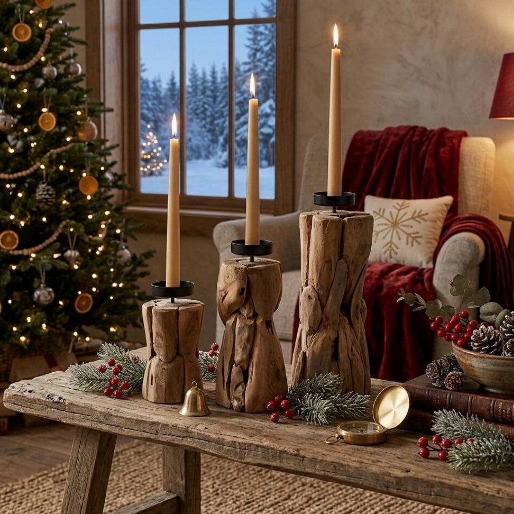 3er Set Teak Kerzenständer BATTY handgefertigte Unikate