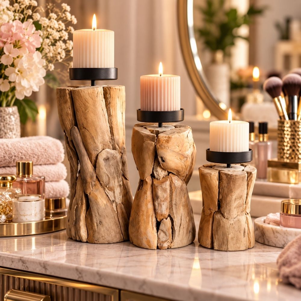 3er Set Teak Kerzenständer BATTY handgefertigte Unikate