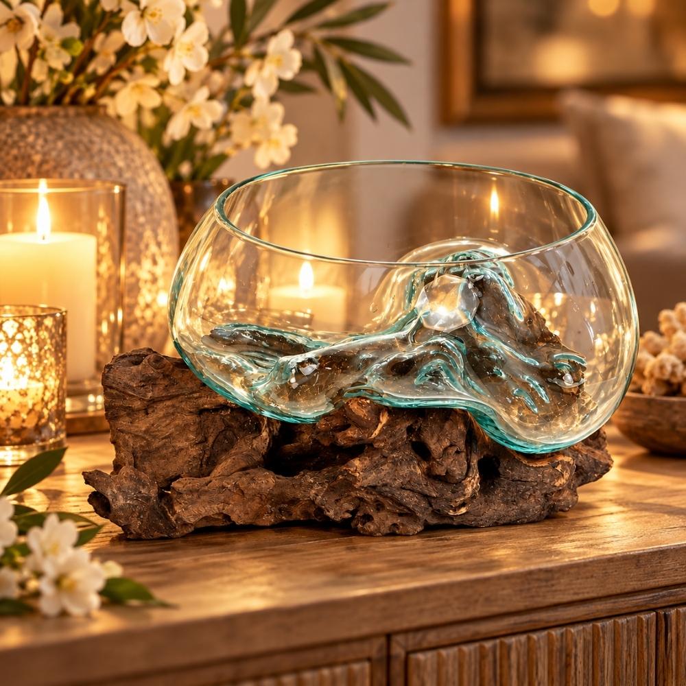 Deko-Glas DROP-6 ca. 25cm Teak Natural Handarbeit Schale