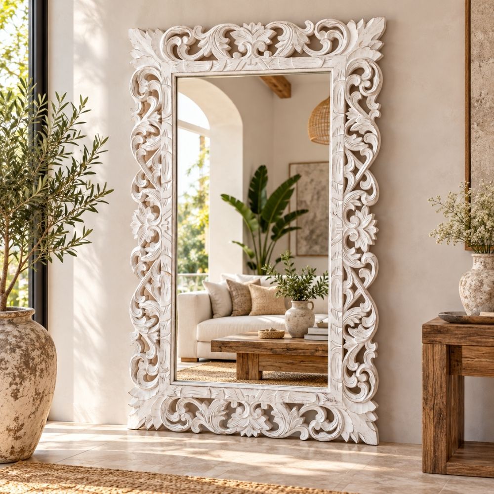Massivholz Barock-Spiegel MIAMI 180cm antik-weiss Durian-Holz