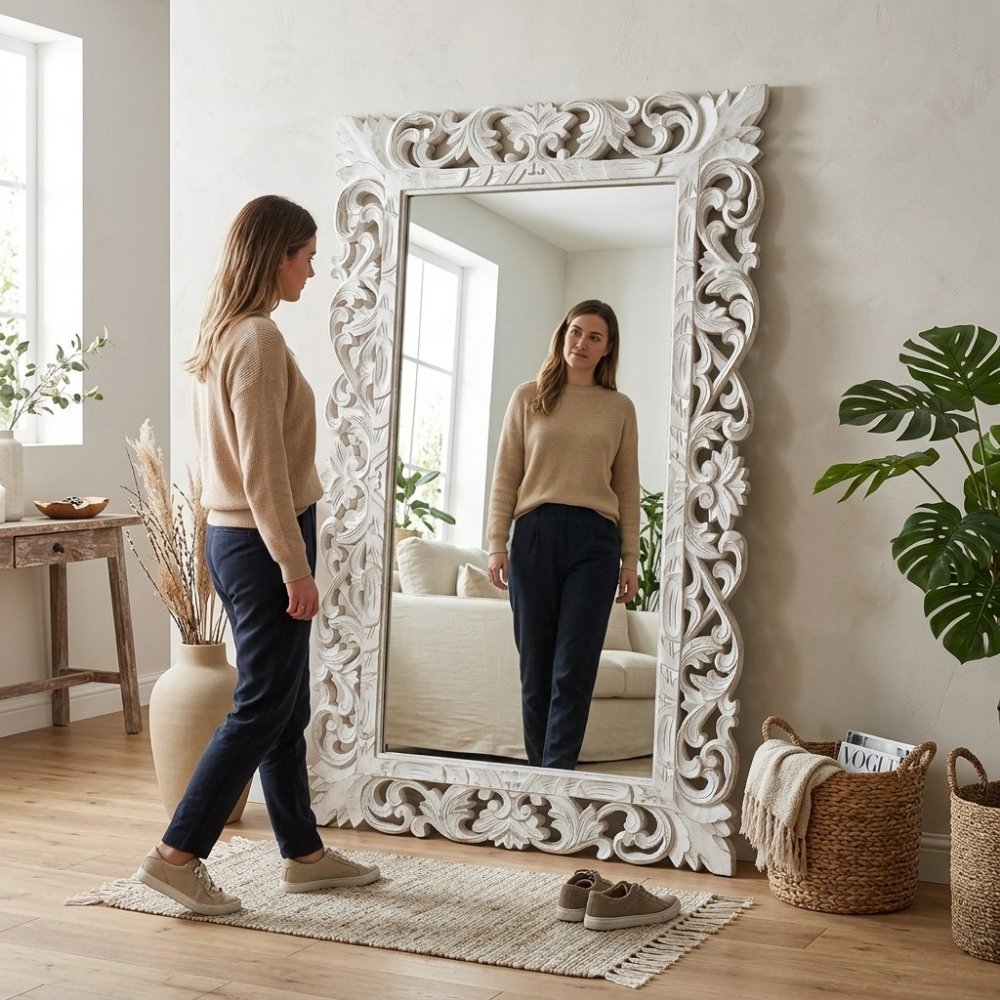 Massivholz Barock-Spiegel MIAMI 180cm antik-weiss Durian-Holz
