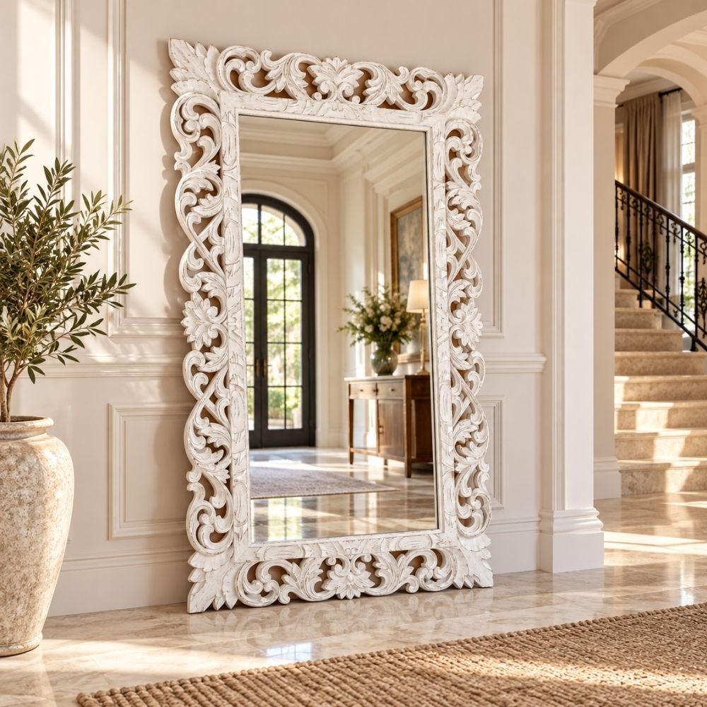 Massivholz Barock-Spiegel MIAMI 180cm antik-weiss Durian-Holz
