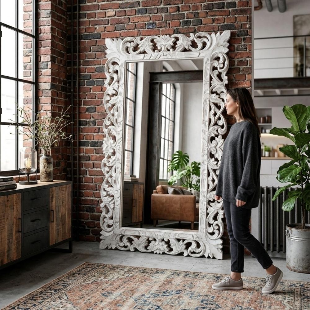 Massivholz Barock-Spiegel MIAMI 180cm antik-weiss Durian-Holz