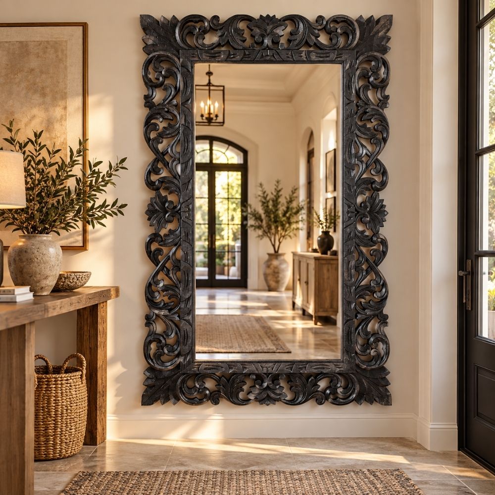 Massivholz Barock-Spiegel MIAMI 180cm antik-schwarz Durian-Holz