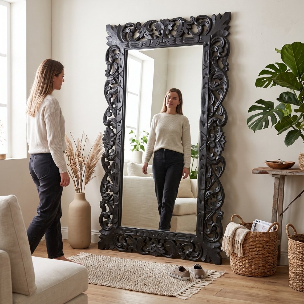 Massivholz Barock-Spiegel MIAMI 180cm antik-schwarz Durian-Holz