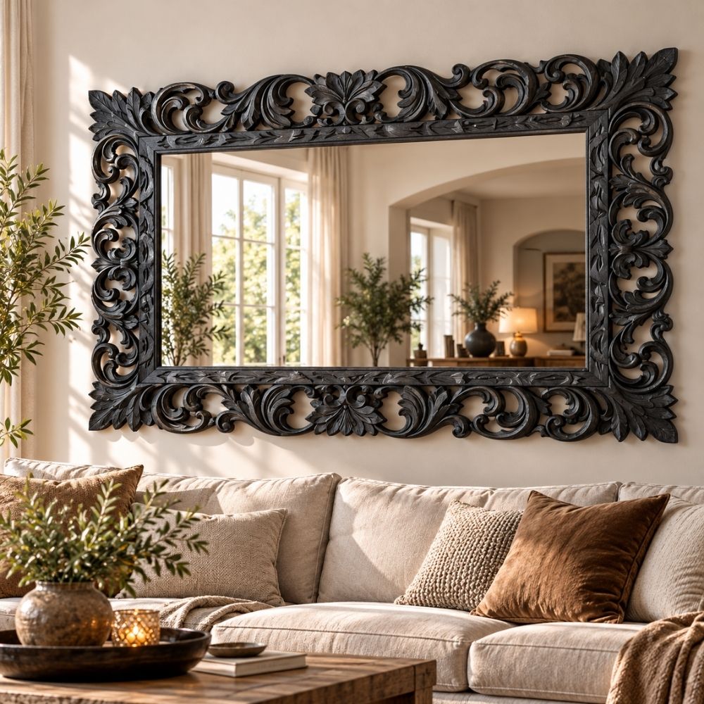 Massivholz Barock-Spiegel MIAMI 180cm antik-schwarz Durian-Holz