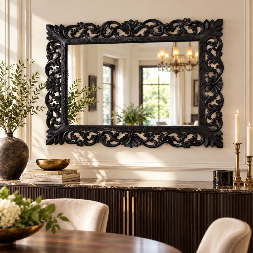 Massivholz Barock-Spiegel MIAMI 120cm antik-schwarz Durian-Holz