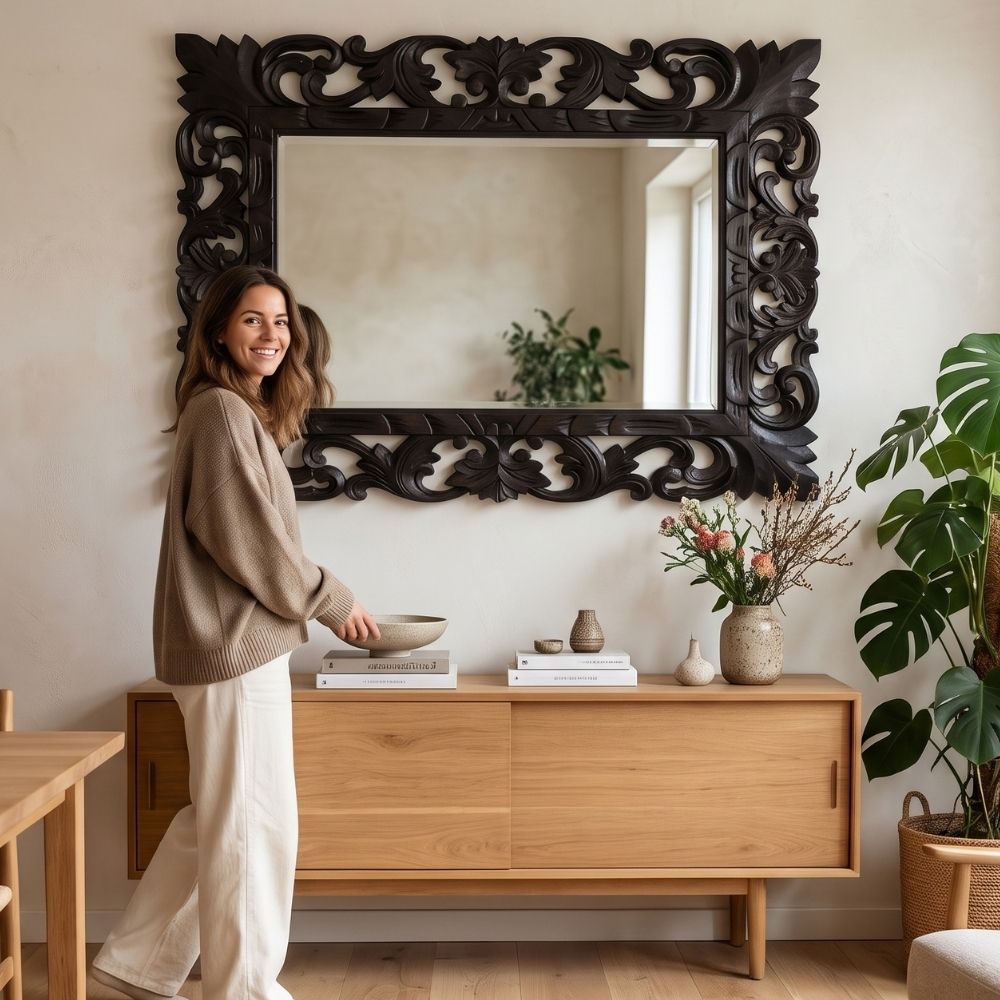 Massivholz Barock-Spiegel MIAMI 120cm antik-schwarz Durian-Holz
