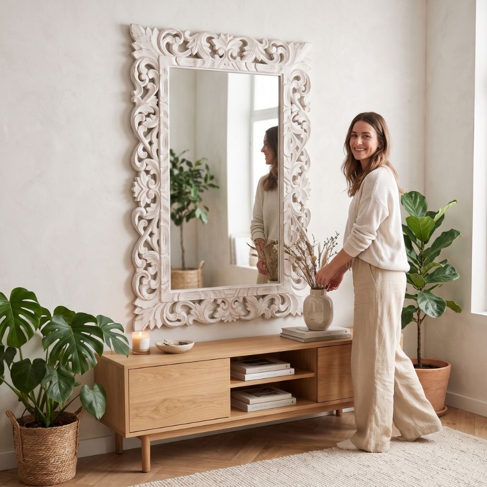 Massivholz Barock-Spiegel MIAMI 120cm antik-weiss Durian-Holz