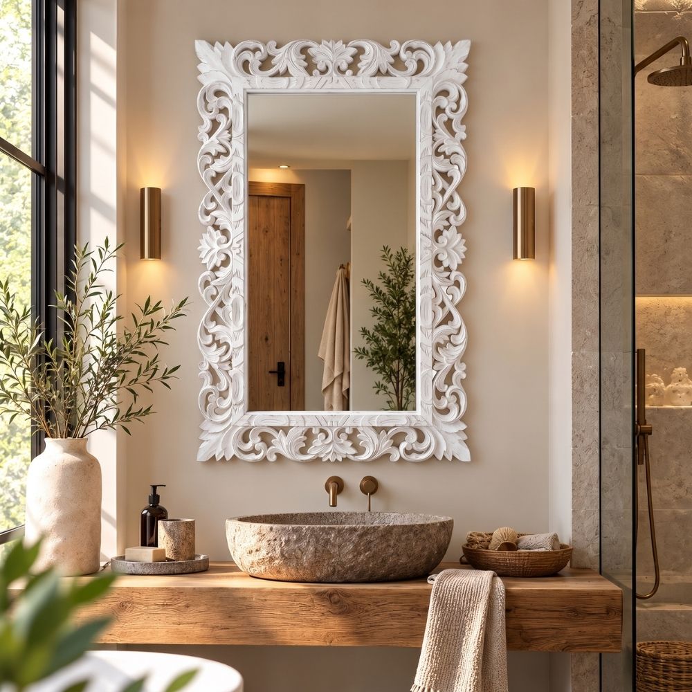 Massivholz Barock-Spiegel MIAMI 120cm antik-weiss Durian-Holz