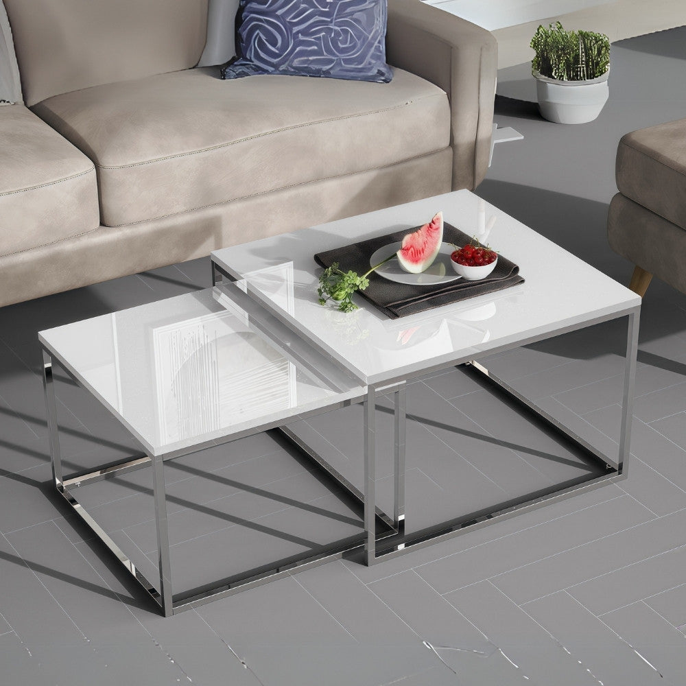 2er Set Design Couchtisch MENTO weiss hochglanz 60cm Edelstahl
