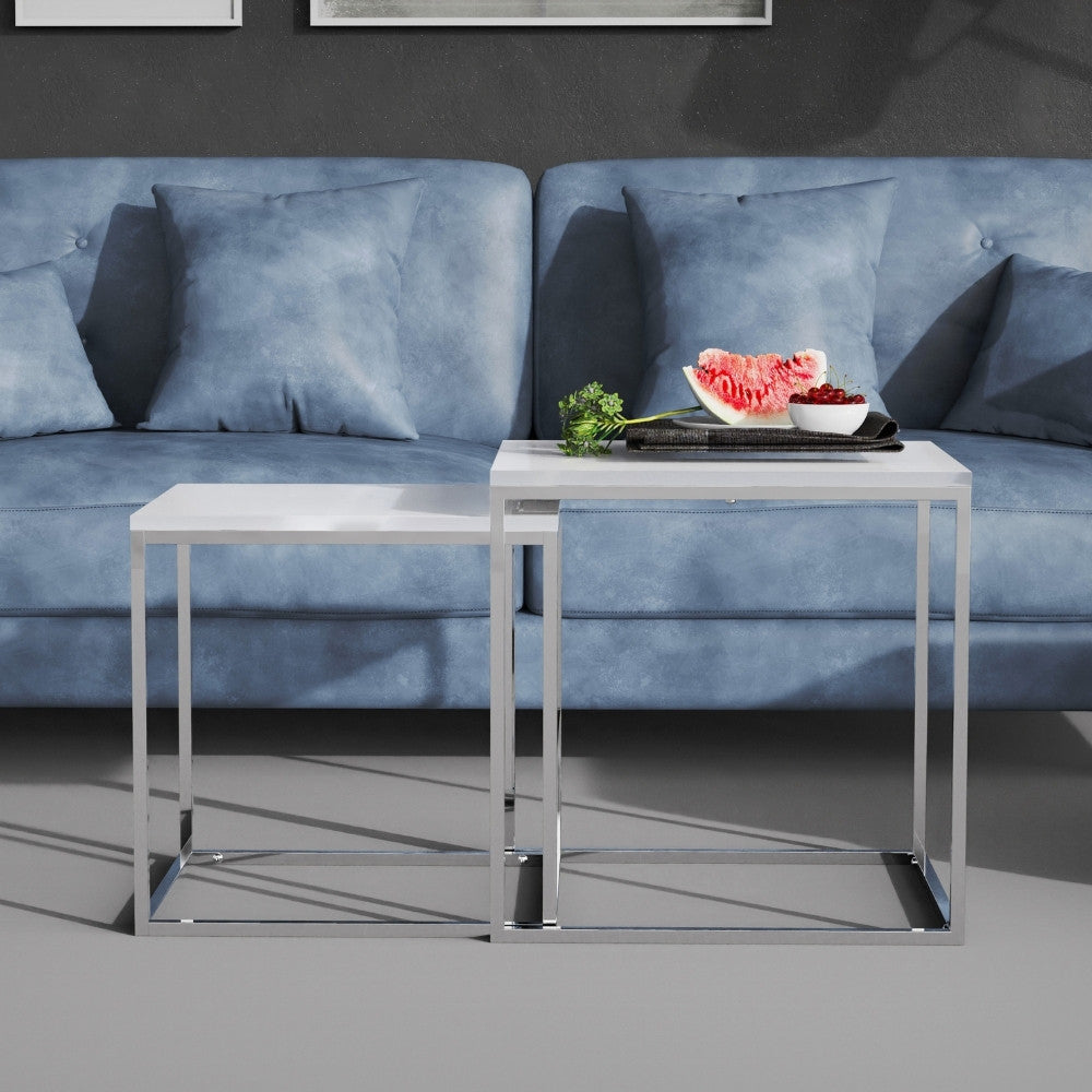 2er Set Design Beistelltisch MENTO weiss hochglanz 50cm Edelstahl – LebensWohnArt