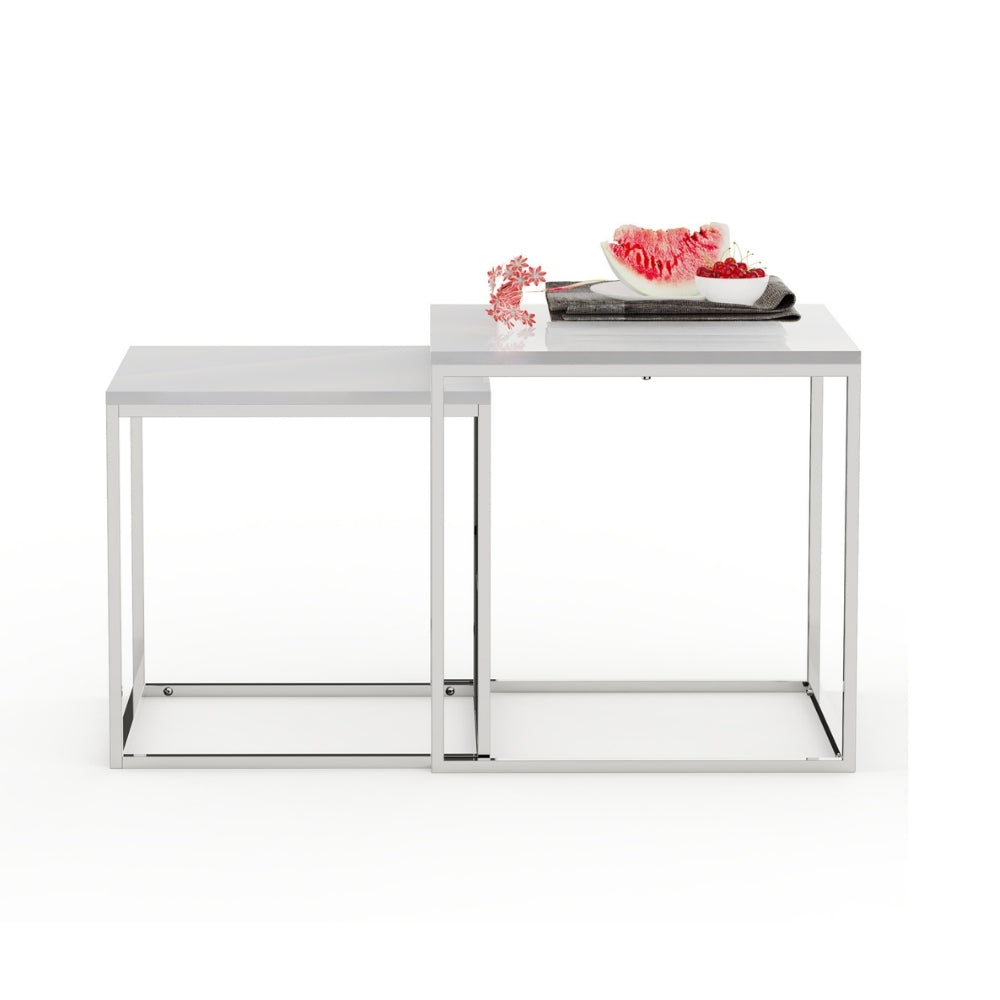 2er Set Design Beistelltisch MENTO weiss hochglanz 50cm Edelstahl