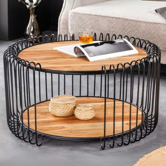Moderner Massivholz Couchtisch PRAWDA 70cm Akazie natur Eisengestell