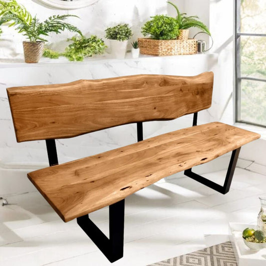 Individuelle Sitzbank ARBOL 160cm Akazie natur Baumkante Rückenlehne