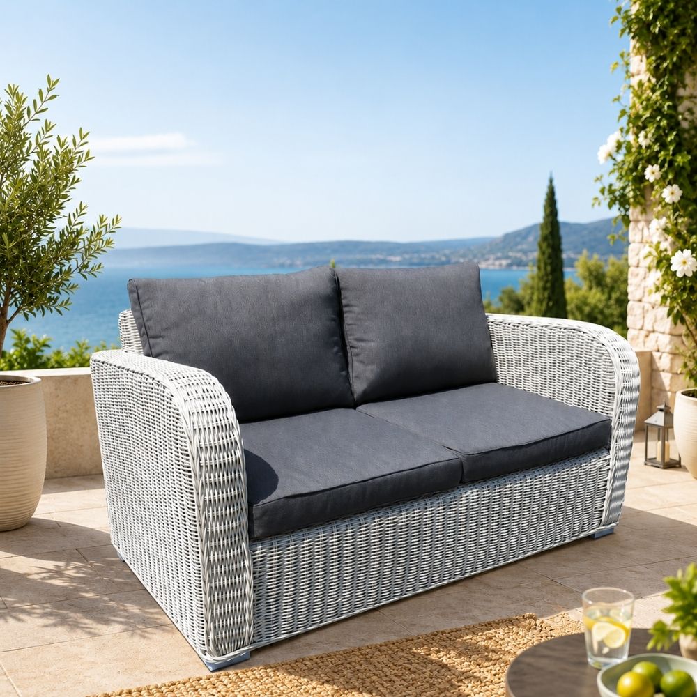2er Lounge Sofa VITA rundes Polyrattan Eierschalenweiß