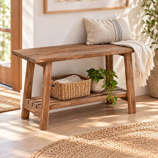 Massivholz Bank mit Ablage GENIUS 90cm Antik-Natural Schuhregal