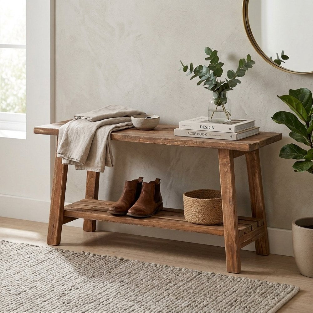 Massivholz Bank mit Ablage GENIUS 90cm Antik-Natural Schuhregal – LebensWohnArt