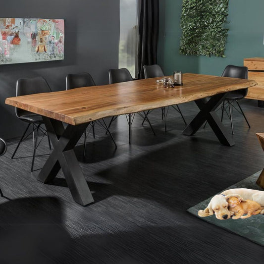 Massiver Esstisch FORTE 200cm Akazie 6cm Baumkante X-Gestell
