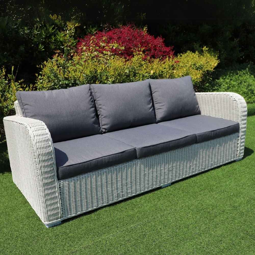 3er Lounge Sofa VITA rundes Polyrattan Eierschalenweiß Gartenmöbel