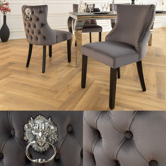 Edler Stuhl LEON Samt grau Löwenkopf Nieten Chesterfield