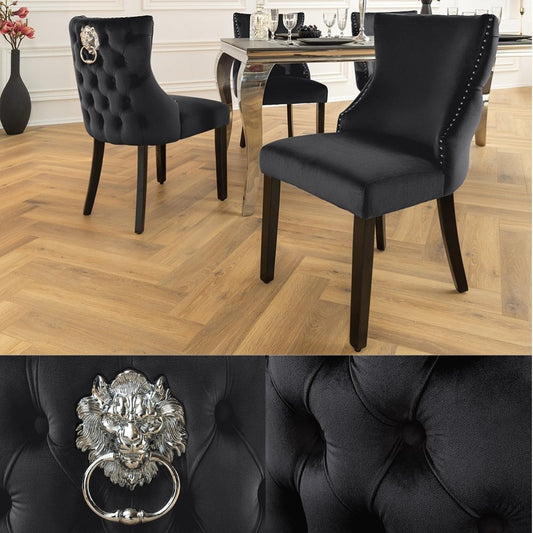 Edler Stuhl LEON Samt schwarz Löwenkopf Nieten Chesterfield