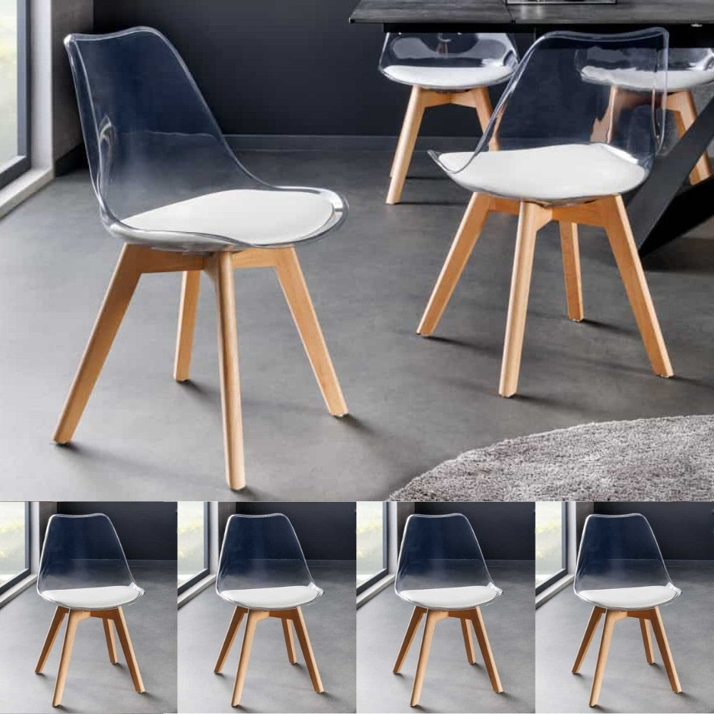 4er Set Design-Klassiker Stuhl NORWAY transparent weiss Buchenholz
