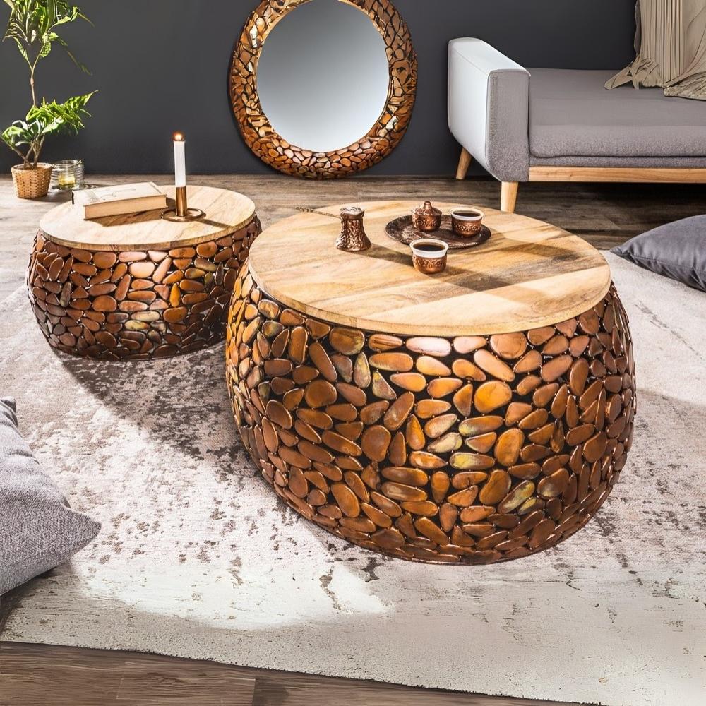 Extravagantes 2er-Set Couchtisch PIEDRA Aluminium kupfer Mangoholz