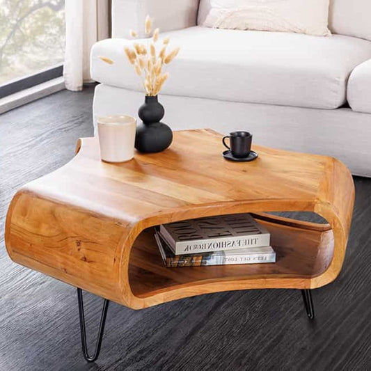 Design Couchtisch LIVE-RANIC 70cm braun Akazienholz mit Stauraum