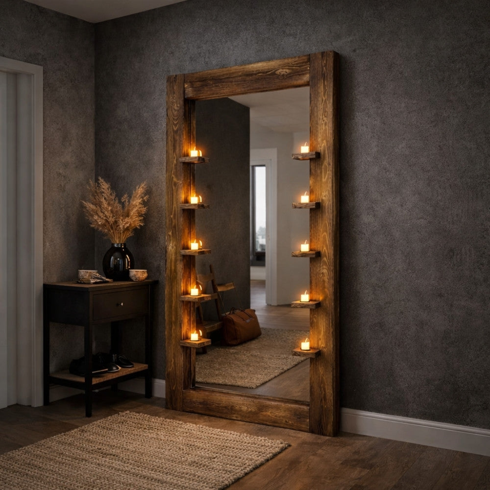 Massivholz-Spiegel HARMONY mit Ablagen 180cm Pinie geflammt