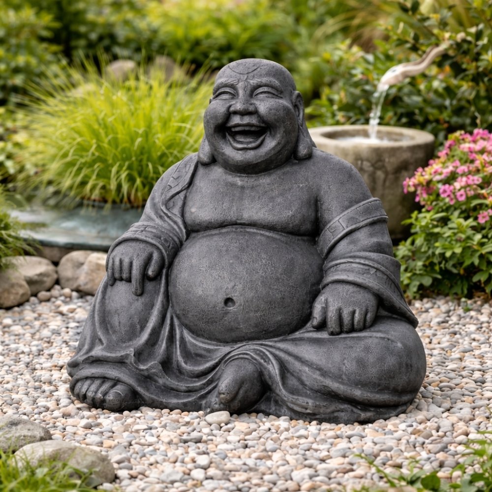 Dekorative Figur LUCKY BUDDHA 110cm Antik-Schwarz Garten Indoor