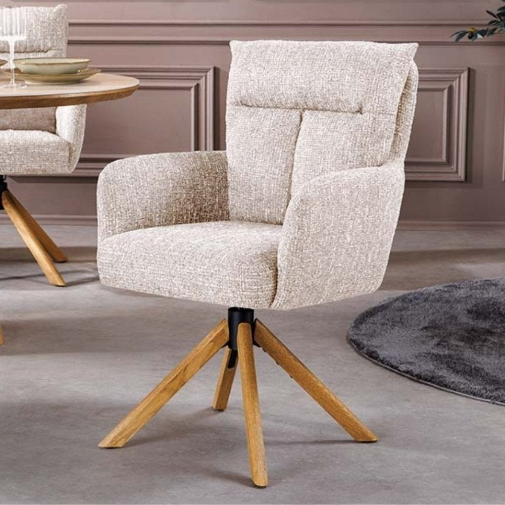 Drehbarer Stuhl CHARLES champagner greige Strukturstoff Eichenholz