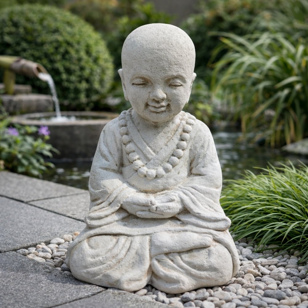 Buddha Figur PRAY 40cm Antik-Weiss Zement Outdoor-Deko