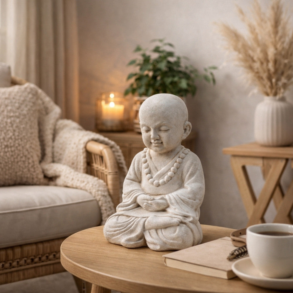 Buddha Figur PRAY 40cm Antik-Weiss Zement Outdoor-Deko