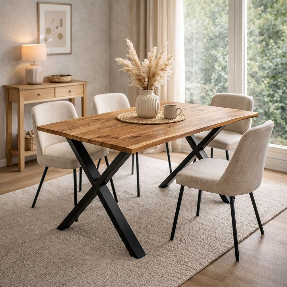 Esstisch NARBOL 120x80 cm Akazie Massivholz Baumkante X-Gestell