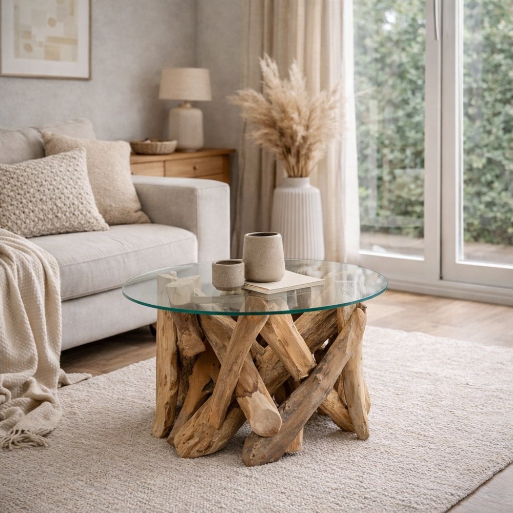 Individueller Teak Couchtisch TORA rund Glasplatte  D70cm
