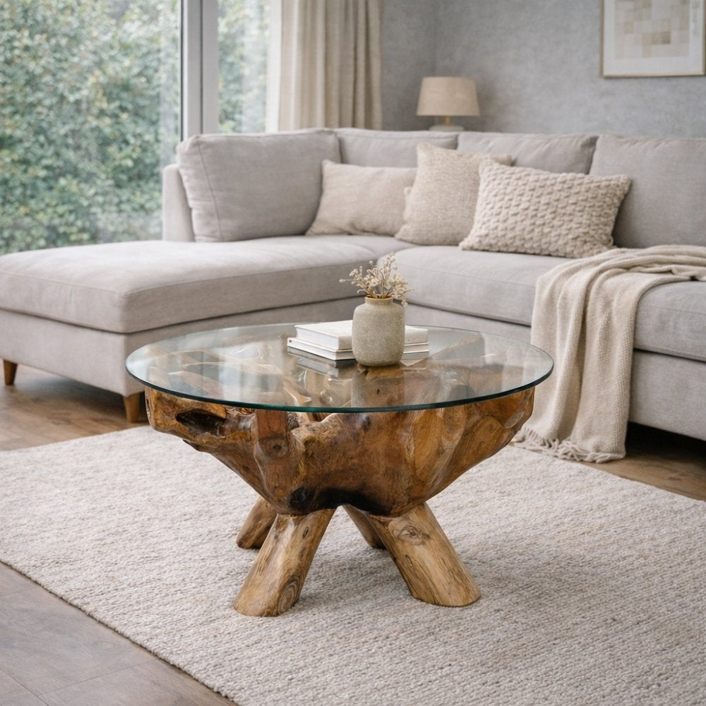 Individueller Teak Couchtisch ZONAS natural 80cm mit Glasplatte