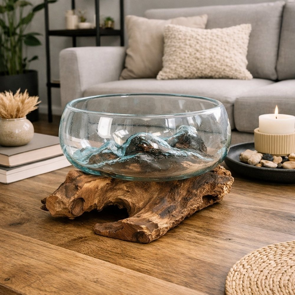 Deko-Glas Unikat DROP-7 Teak Vase Schale Handarbeit
