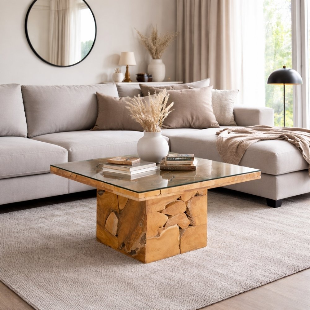 Massiver Couchtisch SQUARE aus Teakholz 80cm mit Glasplatte