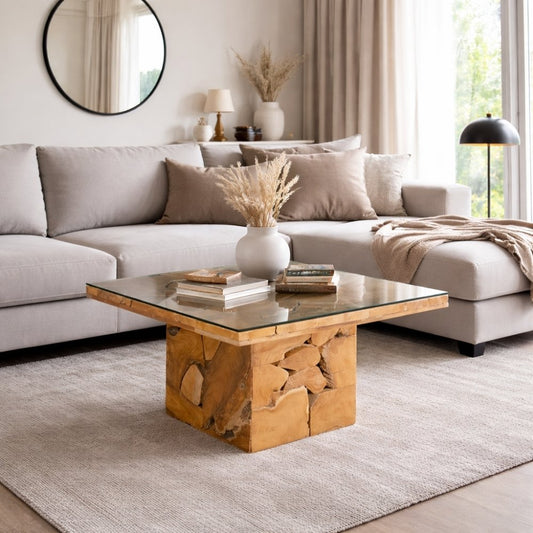 Massiver Couchtisch SQUARE aus Teakholz 80cm mit Glasplatte