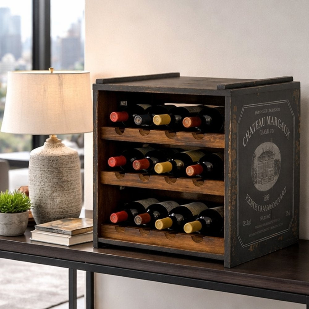 Flaschenbox SURAT Antique-Schwarz 40cm Mahagoni Shabby Weinregal