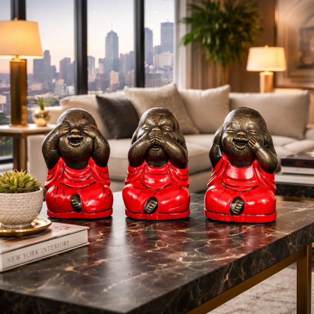 3er Set SHAOLIN Figuren Rot aus Zement Buddha Figur Dekoration