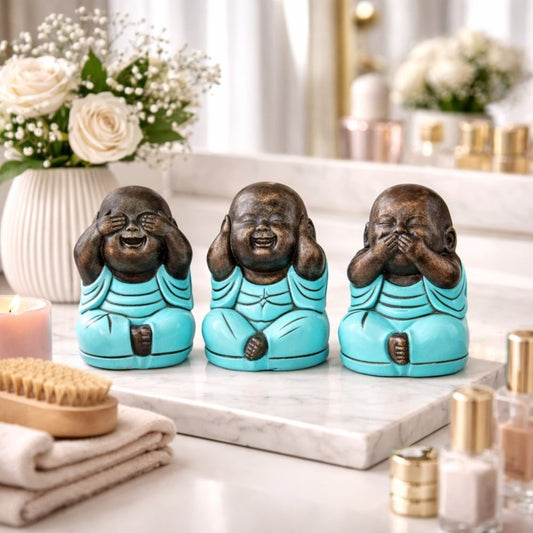 3er Set SHAOLIN Figuren türkis aus Zement Buddha