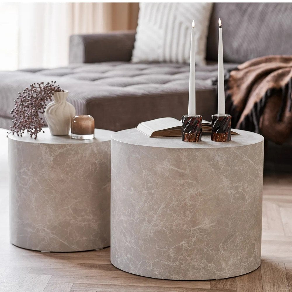 2er Couchtisch-Set POSTATO 50cm rund Design Marmor-Look creme beige