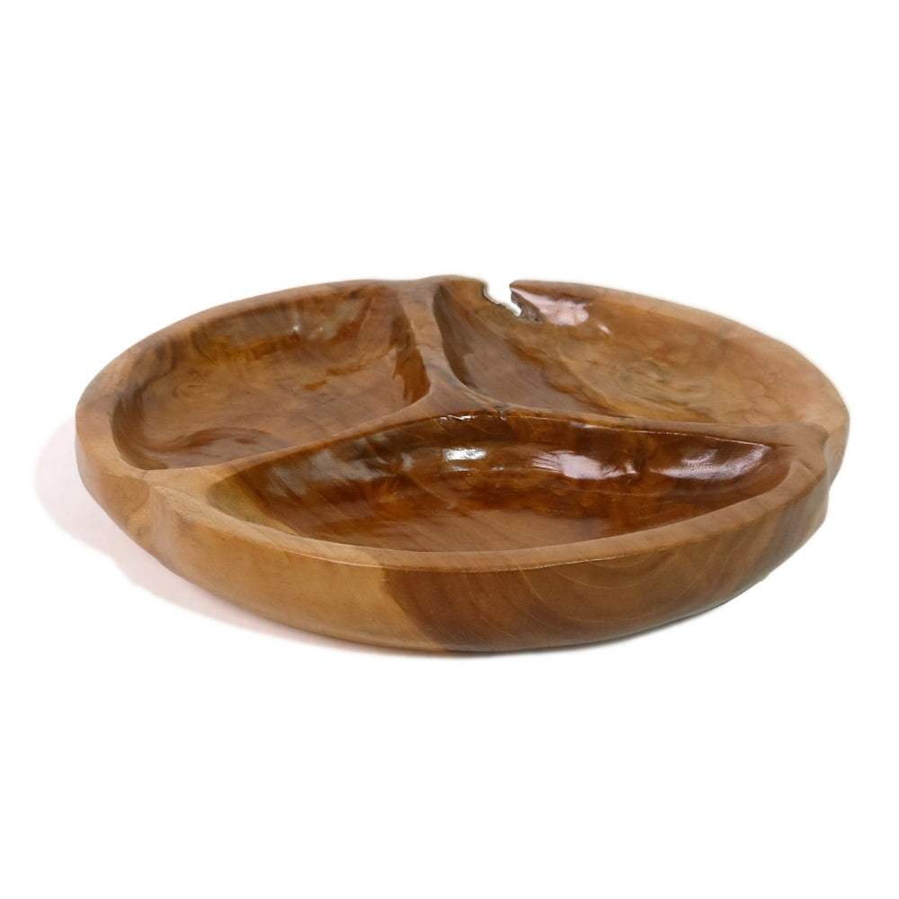 Handgefertigte Teakholz-Schale PEANUT 30 cm mit 3 Segmenten natural