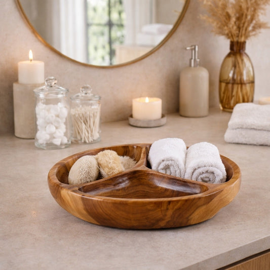 Handgefertigte Teakholz-Schale PEANUT 30 cm mit 3 Segmenten natural