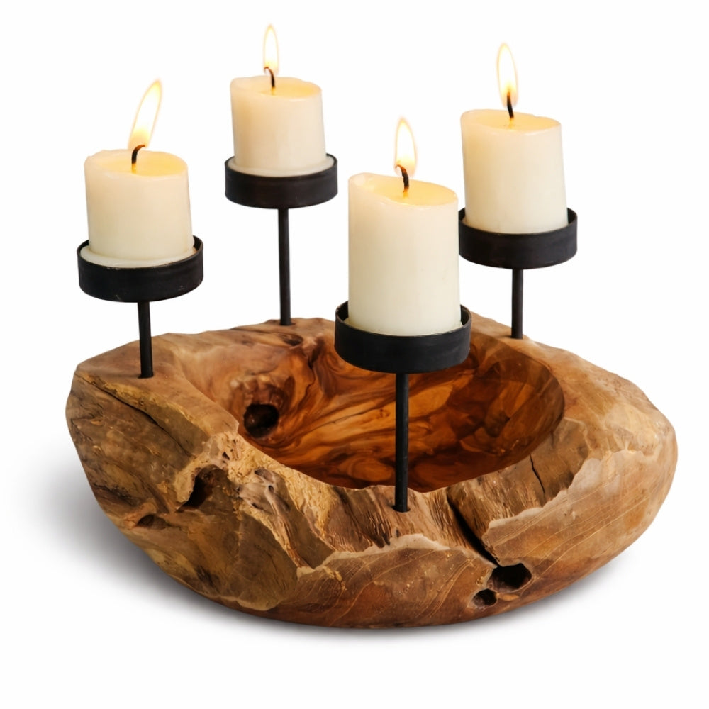 Handgefertigte Kerzenhalterschale PREMIUM 30cm Teakholz Natural Unikat