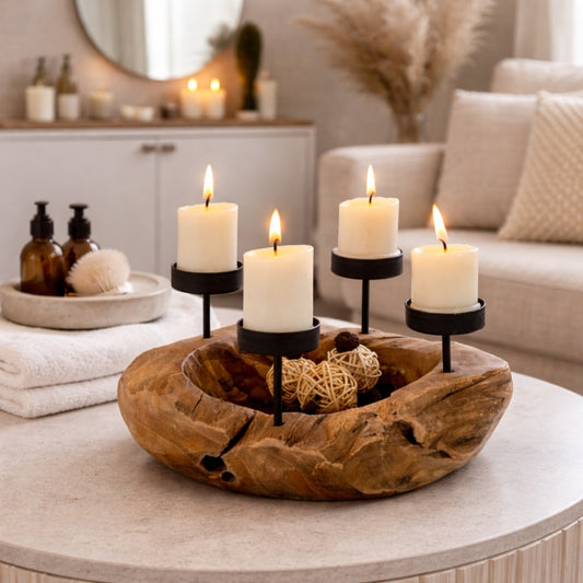 Handgefertigte Kerzenhalterschale PREMIUM 30cm Teakholz Natural Unikat