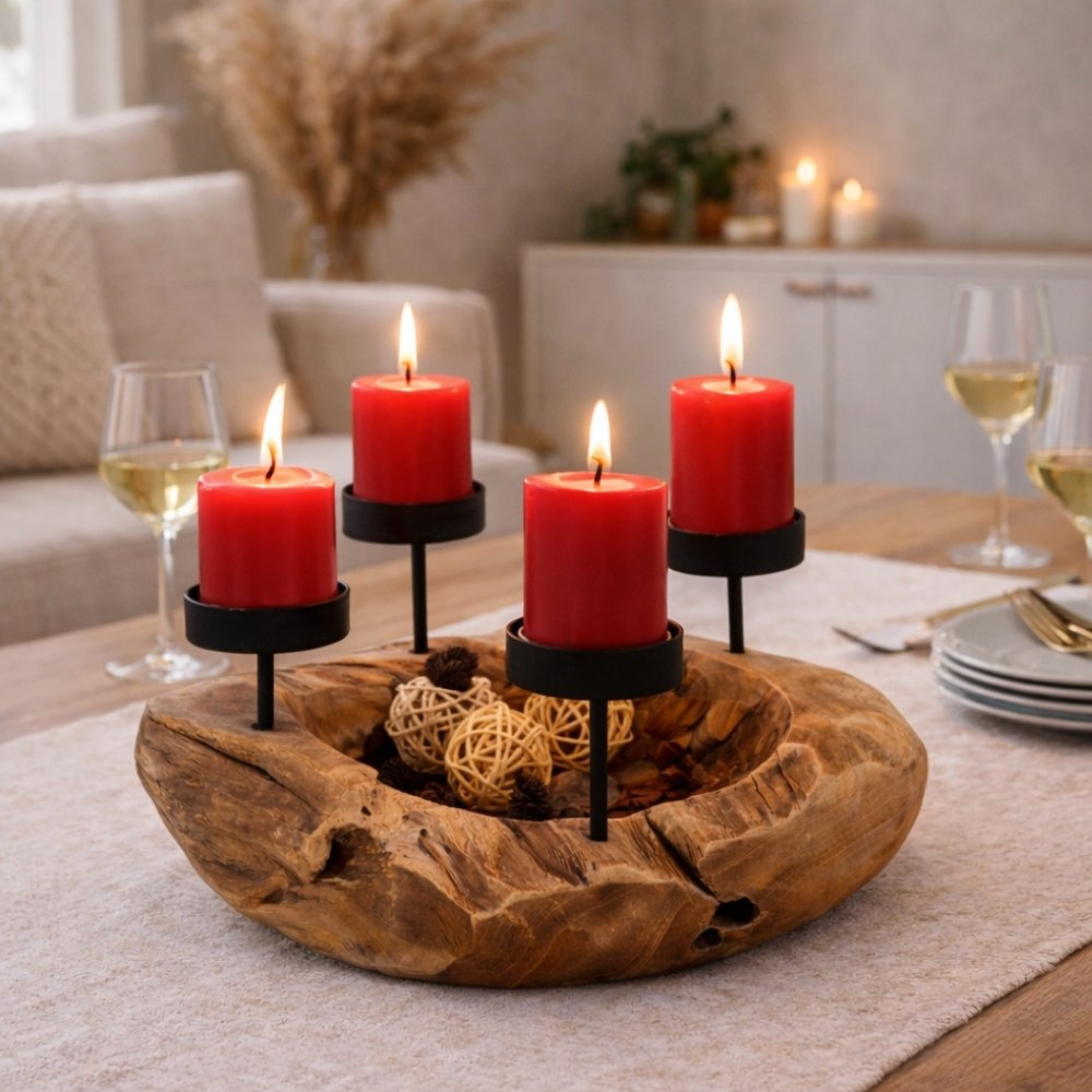 Handgefertigte Kerzenhalterschale PREMIUM 30cm Teakholz Natural Unikat